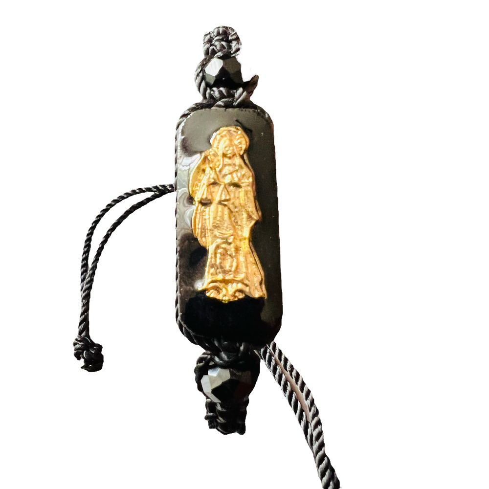 Santa Muerte Knotted Rope Bracelet Black Gold Plated Wood Pendant Knotted